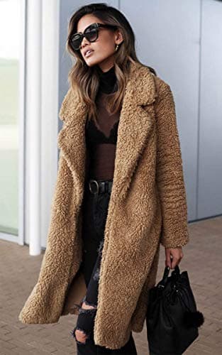 Angashion Women's Fuzzy Fleece Lapel Open Front Long Cardigan Coat