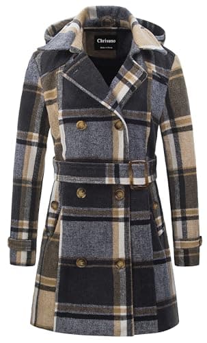 Chrisuno Women's Double Breasted Hooded Pea Coat — Yellow Plaid
