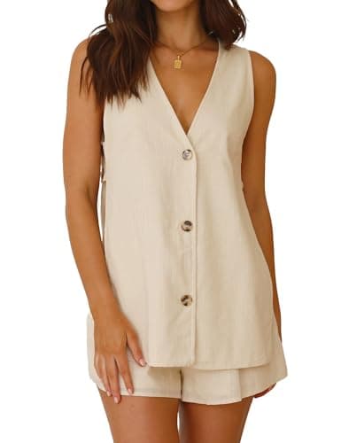 IDEALSANXUN Women's Spring Summer V-Neck Cotton Linen Vest Tops — Beige