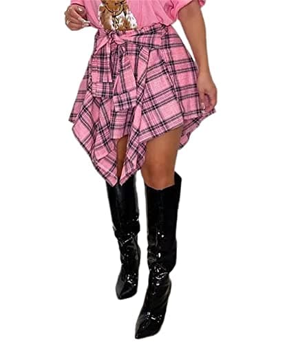 Atyfuniby Women's High Waisted Plaid Mini Skater Skirt with Knot Front — Pink