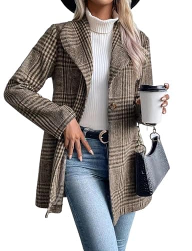 Long Wool Plaid Blazer for Women's Fall and Winter Outfits