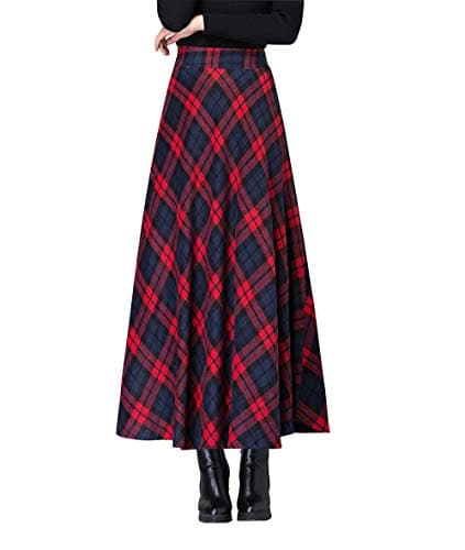 Artykey Women's High Waist Warm Plaid Wool Maxi Skirt S-3XL — E Red