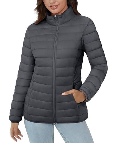 Women's Lightweight Quilted Puffer Jacket with 4 Pockets — Dark Grey