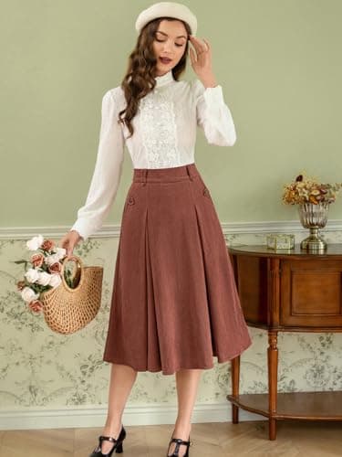 Vintage Corduroy A-line Midi Skirt for Women with Elastic Waist and Pockets