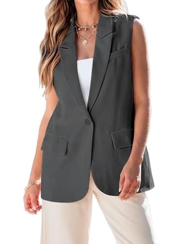 Luvamia Women's 2025 Spring Casual Long Sleeveless Open Front Blazer Vests Top Pockets Office Suit — Dark Grey