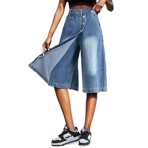 Djeanxa Women's Y2K Wide Leg Knee-Length Denim Shorts with Pockets