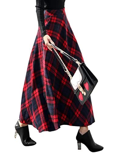 Ylingjun Long Plaid Wool Skirt for Women Winter Fall — Red/Long