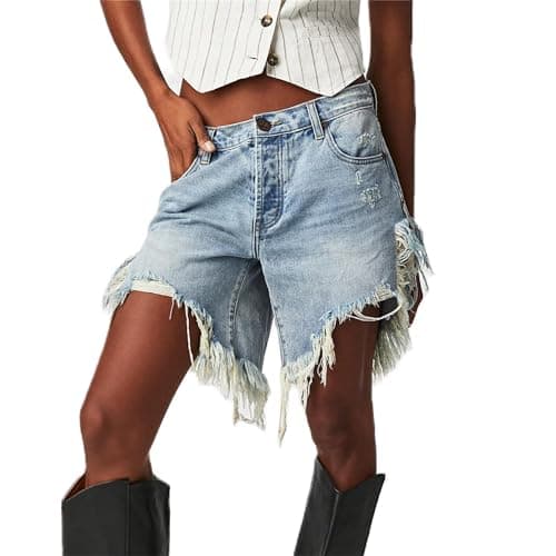 Raruxxin Women's Y2K Wide Leg Low Waist Cargo Jean Shorts with Pockets — G Light Blue Tassel