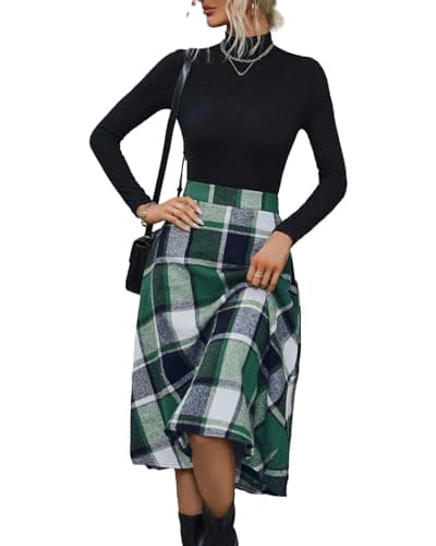 Pemieer High-Waist Wool A-Line Tartan Midi Skirts