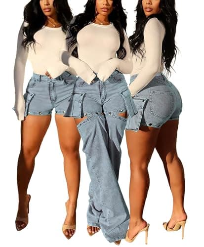 High Waist Stretchy Baggy Jeans with Removable Denim Shorts for Women