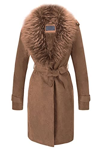 Bellivera Women's Faux Leather Trench Coat with Fleece Lining and Detachable Collar — Dark Brown