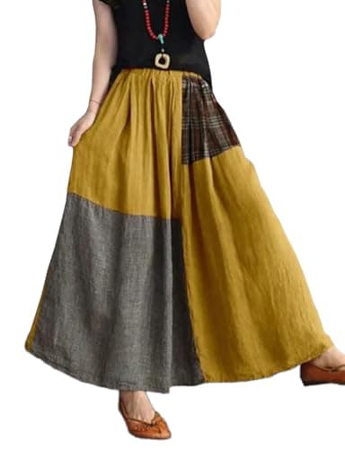IDEALSANXUN High-Waisted Elastic Color Block Plaid Midi Skirt — Yellow