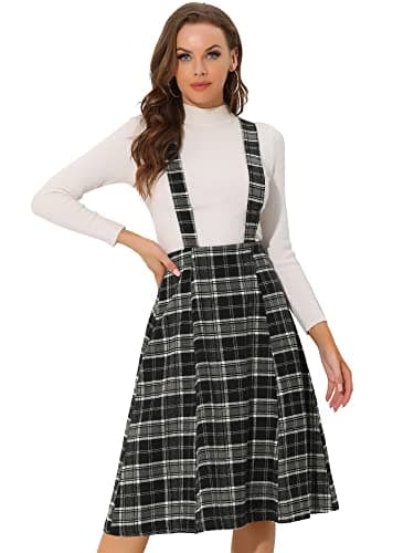 Allegra K Women's Vintage Tartan Suspender Midi Dress High Waist A-Line — Black
