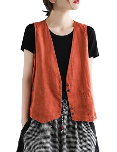 Zontroldy Women's Cotton Linen Vest with Pockets