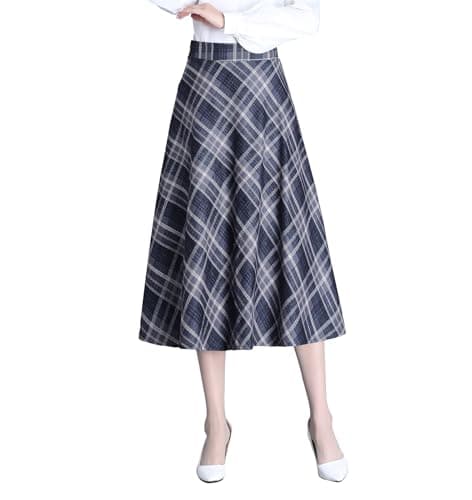 Biilyli Women's High Waist Wool Plaid Midi Skirt — B Blue