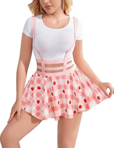 Avidlove Women's Sexy A-Line Suspender Skirt with Pleated Short Braces — Strawberry Plaid Print