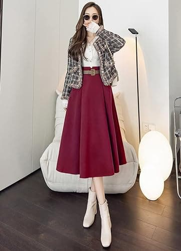 High Waisted A-Line Wool Midi Skirt for Women