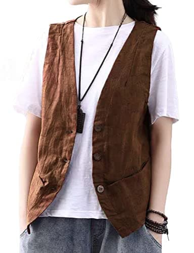 Cotton Linen Women's Sleeveless Vest Fashion Casual Blazers — Caramel