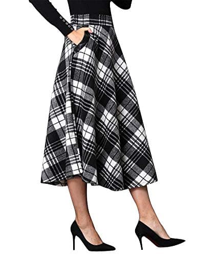 Ylingjun Long Plaid Wool Skirt for Women Winter Fall — Black and White/Mid-calf