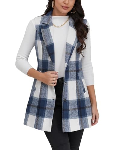 IDEALSANXUN Women's Plaid Sleeveless Blazer Jacket for Fall Winter — Navy