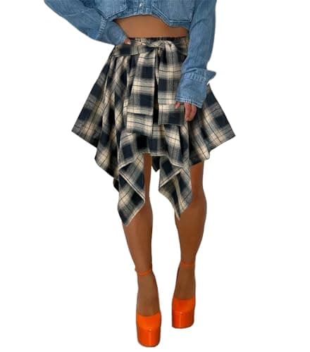 Atyfuniby Women's High Waisted Plaid Mini Skater Skirt with Knot Front — Black Beige