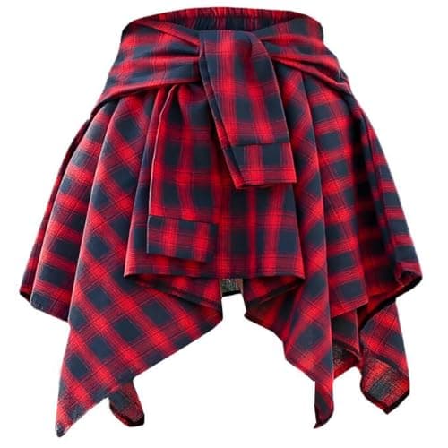 Women's Elastic Waist Plaid Mini Skater Skirt Knot Front Irregular Hem