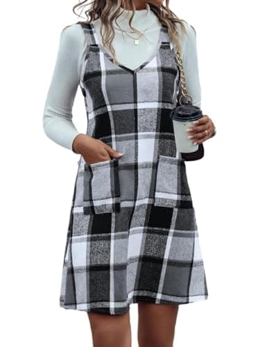 Sleeveless Plaid Overall Dress with Pockets for Women in Fall/Winter — Grey