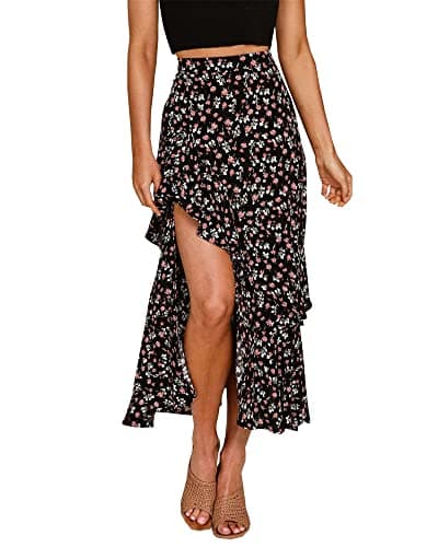 BTFBM Women's 2025 Summer Floral Print Elastic Waist High-Low Boho Maxi Skirt