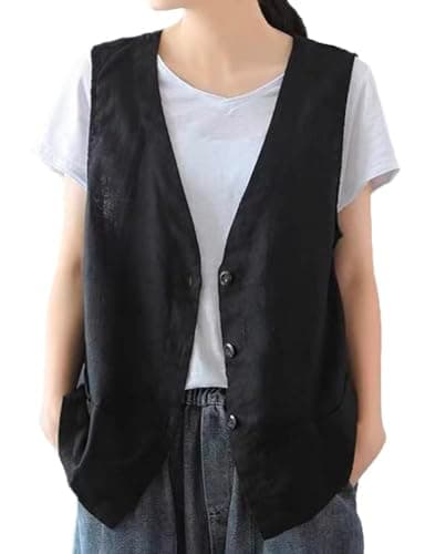 Women's Cotton Linen Vest Lightweight Jacket — Black