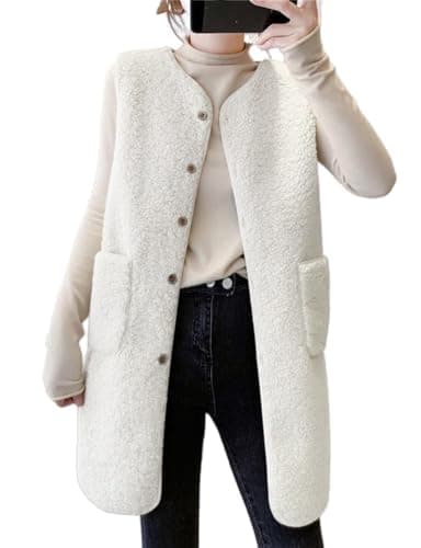 IDEALSANXUN Women's Fall Winter Long Fleece Sherpa Fuzzy Cardigan Vest