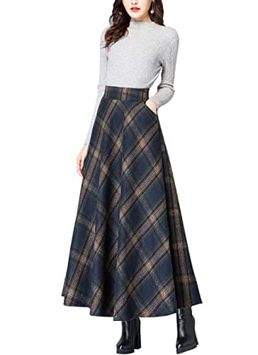 Ebossy Women's Vintage Wool Blend Plaid A-Line Maxi Skirt with Pocket