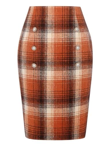Women's Plaid Wool Pencil Skirt for Fall and Winter — Orange