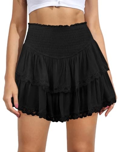 High Waist Ruffle Mini Skirt Women's Fashion — Black-lace Hem