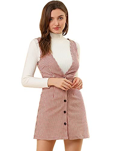 Women's Halloween Plaid Houndstooth Overalls Dress — Red Beige