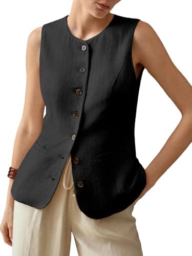 Mina Self 2025 Summer Lightweight Women's Sleeveless Linen Trendy Work Jacket with Pockets — 1-black