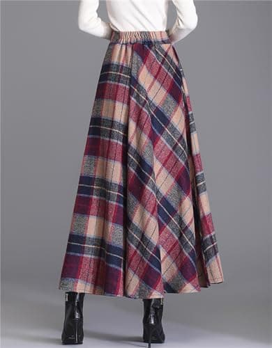 SANGTREE Women's High-Waist Flared Tartan Wool Skirt