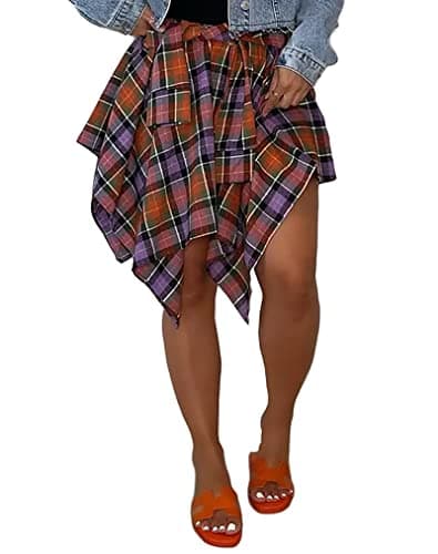 Atyfuniby Women's High Waisted Plaid Mini Skater Skirt with Knot Front — Purple Orange