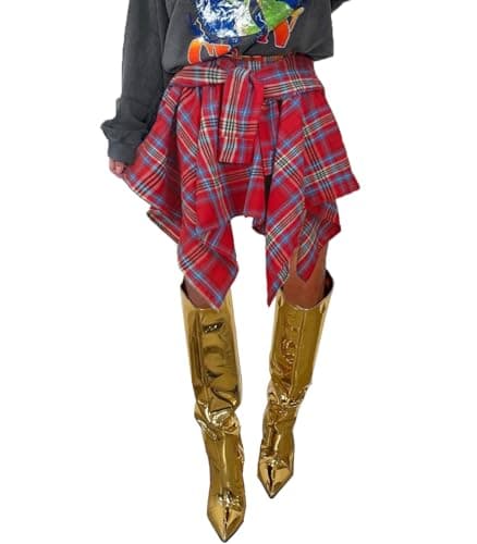 Atyfuniby Women's High Waisted Plaid Mini Skater Skirt with Knot Front — Red&blue Plaid