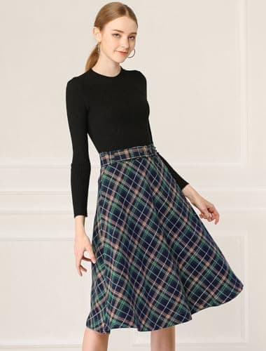 Allegra K Women's Vintage Tartan Midi Skirt with High Waist Belt