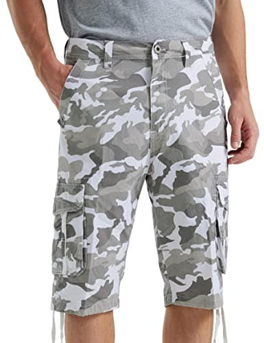 BEST SOUTH Men's Casual Long Cargo Shorts 13 Inches Relaxed Fit with Pockets — White Camo