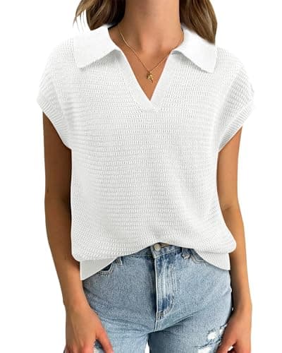 Hollow Out Cap Sleeve V Neck Sleeveless Sweater Vest for Women — White