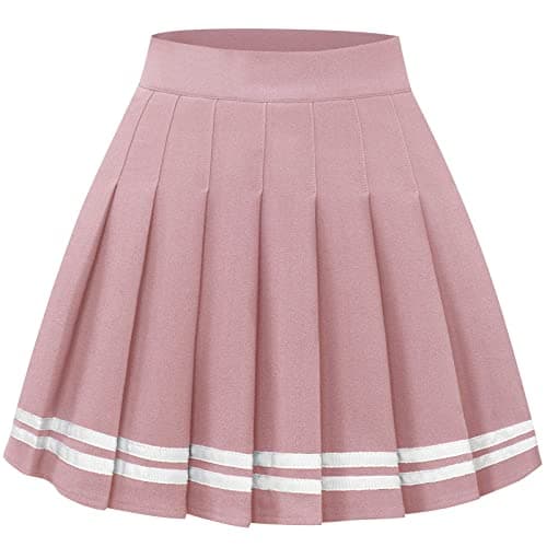 Pleated Skirts for Women: High Waist Mini Skater Tennis A-line Cheerleader — Pink White Strip