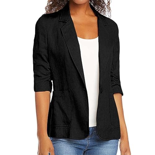 Women's Cotton Linen 3/4 Sleeve Open Front Blazer Jacket