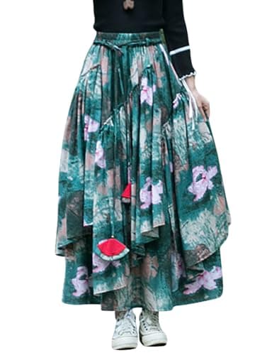Womens Elastic Waist Retro Maxi Pleated Long Skirt — Print 120