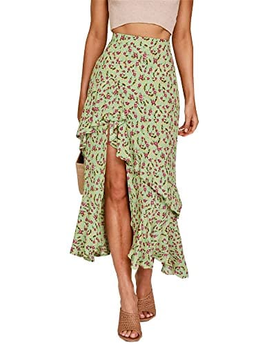 BTFBM Women's 2025 Summer Floral Print Elastic Waist High-Low Boho Maxi Skirt — Z-green