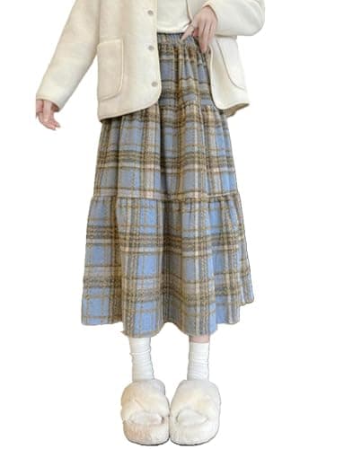 IDEALSANXUN Wool Plaid Midi Skirt for Women Fall Winter — Blue