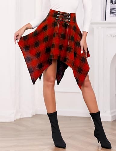 IDEALSANXUN High-Waisted Asymmetrical Lace-Up Plaid Mini Skirt for Women