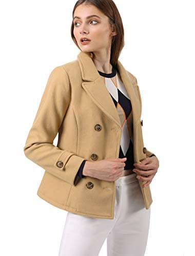 Allegra K Women's Notched Lapel Double Breasted Pea Coat — Khaki
