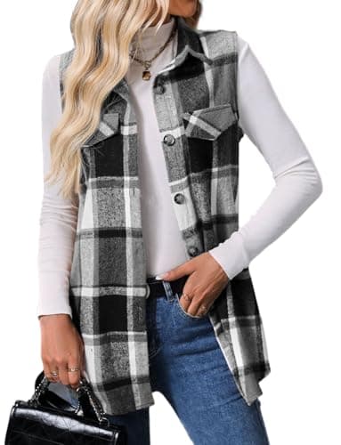 IDEALSANXUN Women's Plaid Flannel Sleeveless Jacket Cardigan Outerwear for Fall Winter — Grey