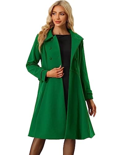 Allegra K Women's Winter Line Trench Coat Lapel Swing Double Breasted — Green